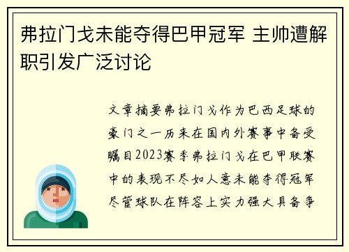 弗拉门戈未能夺得巴甲冠军 主帅遭解职引发广泛讨论